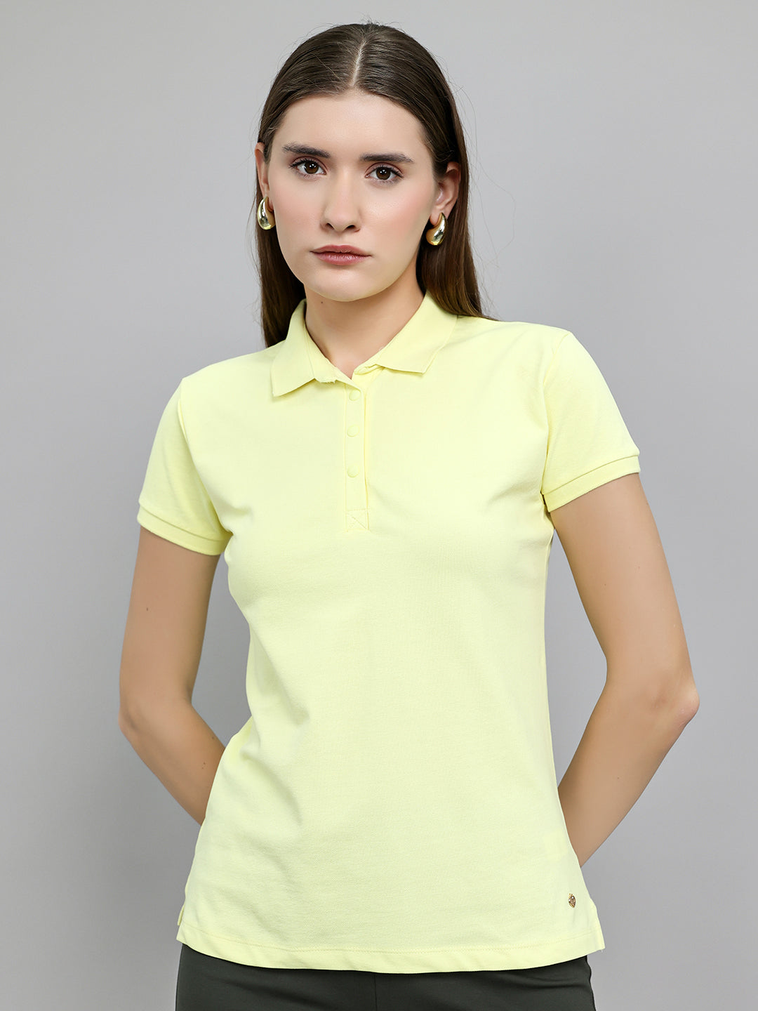 Women Yellow Solid Collar Half Sleeve T-Shirt