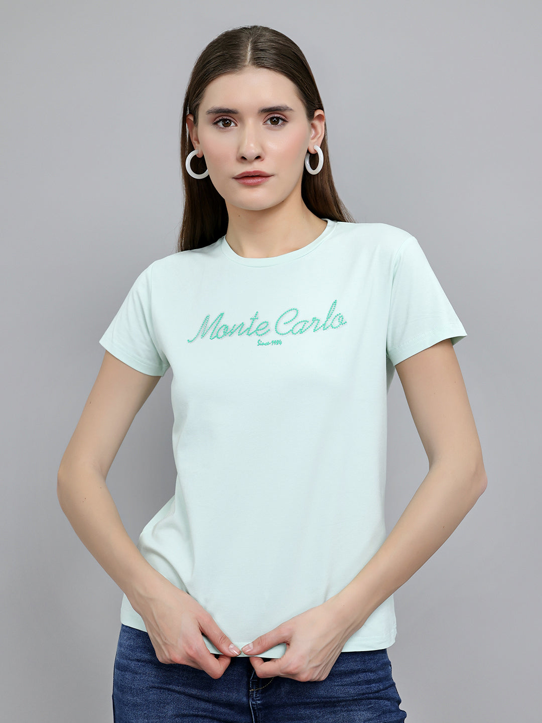 Women Light Green Embroidered Round Neck Half Sleeve Top