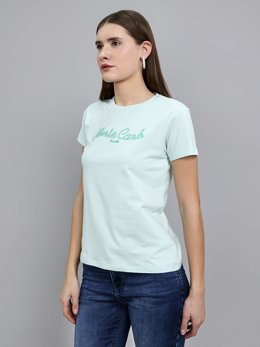Women Light Green Embroidered Round Neck Half Sleeve Top