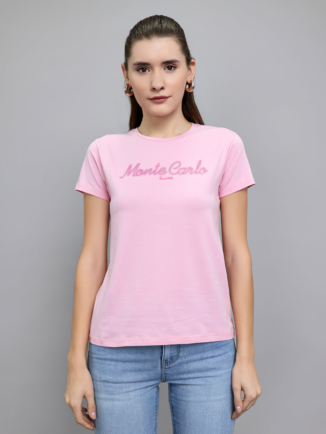 Women Pink Embroidered Round Neck Half Sleeve Top