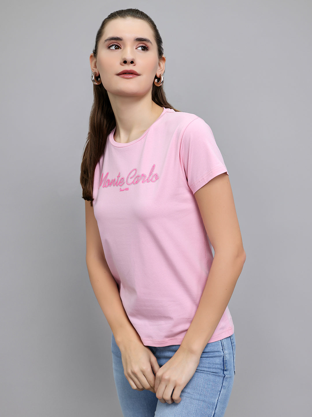 Women Pink Embroidered Round Neck Half Sleeve Top