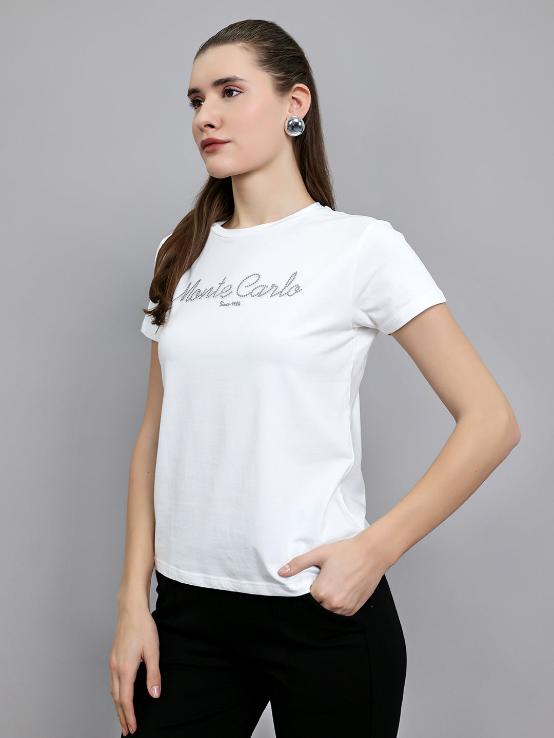 Women White Embroidered Round Neck Half Sleeve Top