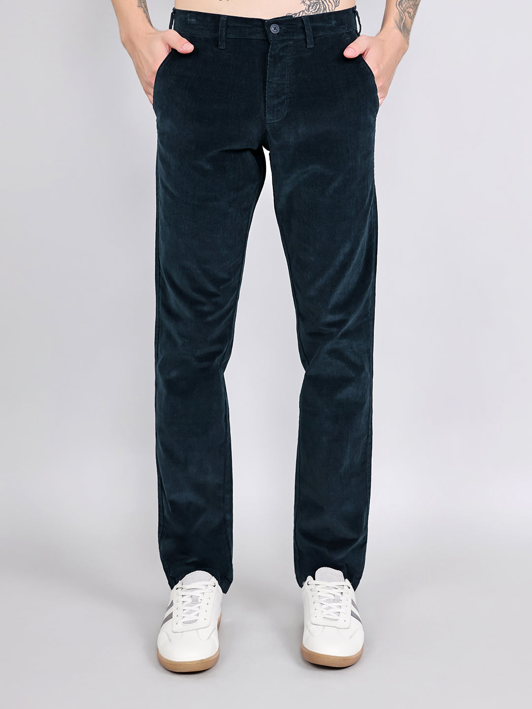 Men Navy Blue Solid Slim Fit Trouser