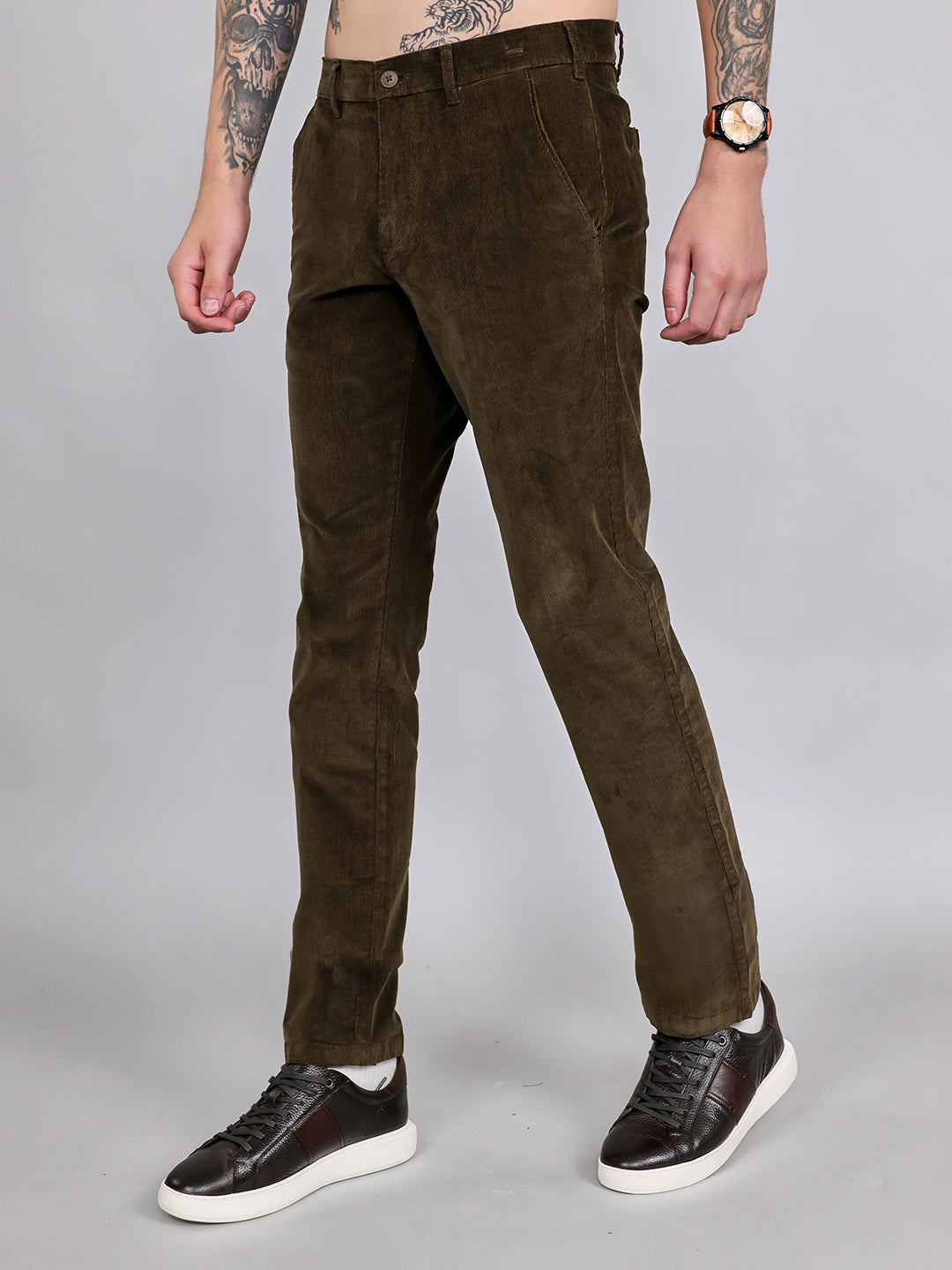 Men Olive Solid Slim Fit Trouser