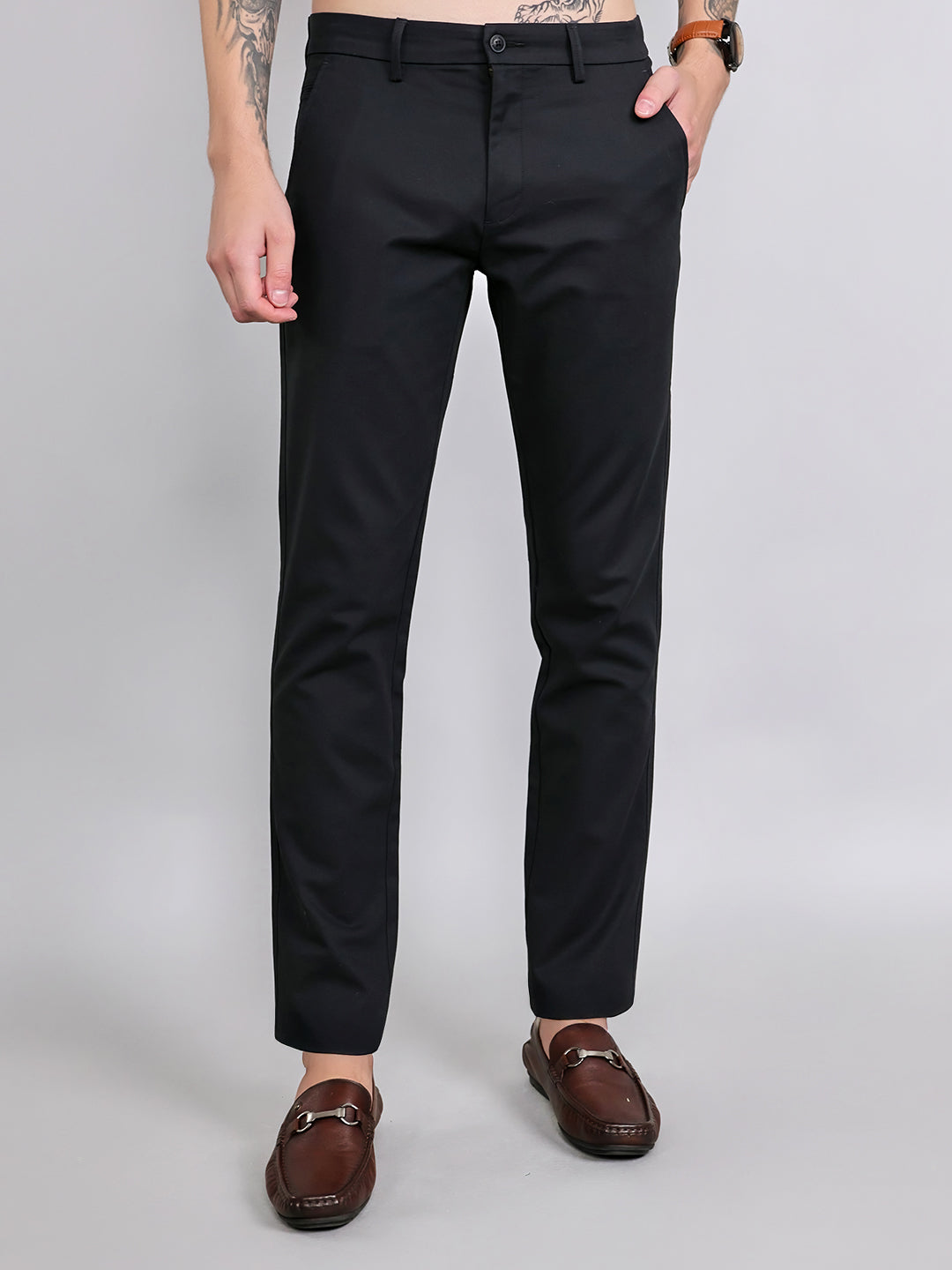 Men Black Solid Slim Fit Trouser