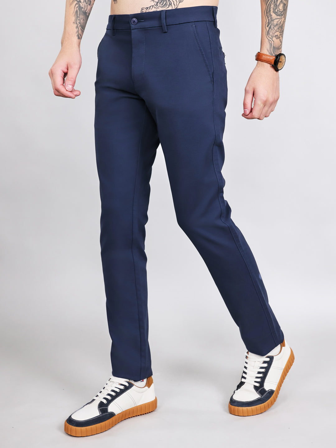 Men Navy Blue Solid Slim Fit Trouser