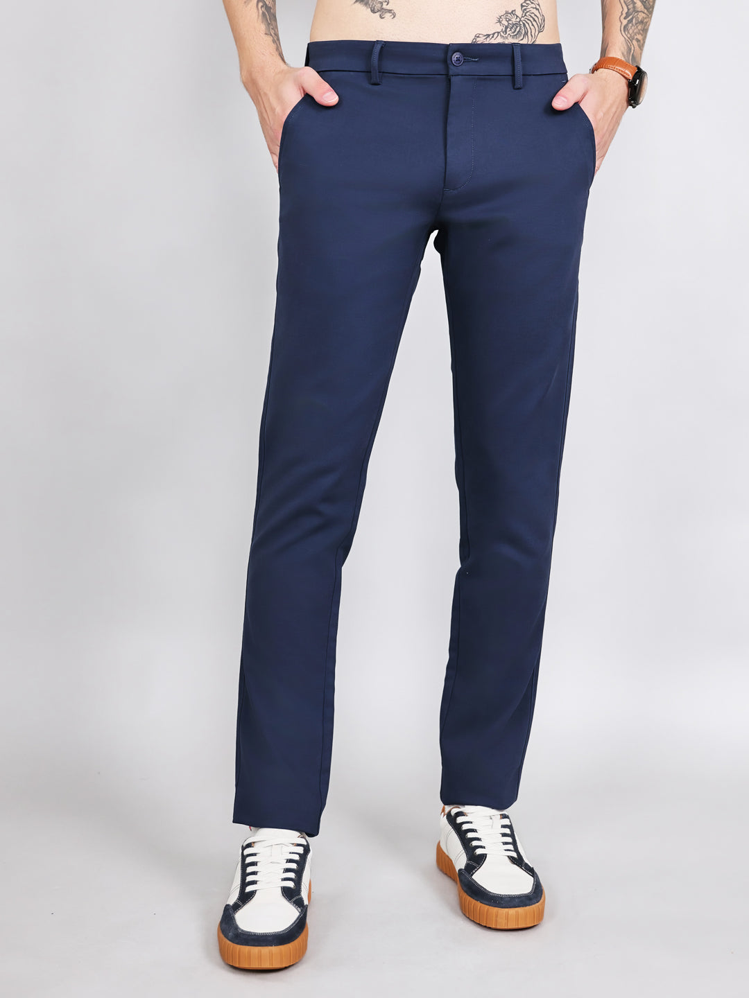 Men Navy Blue Solid Slim Fit Trouser