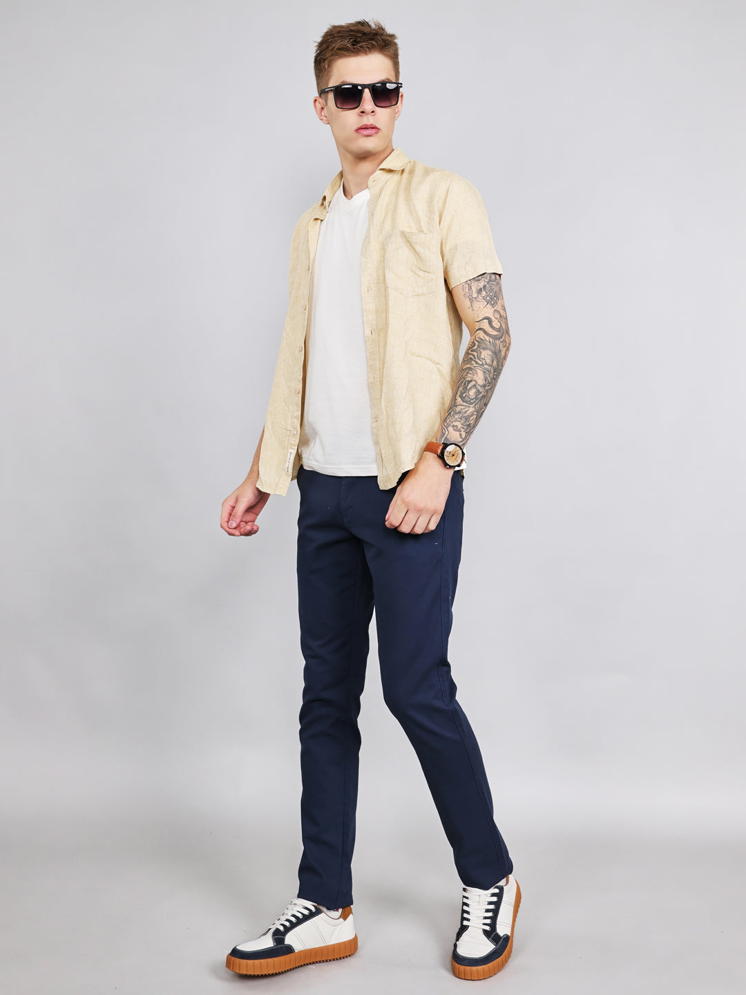 Men Navy Blue Solid Slim Fit Trouser