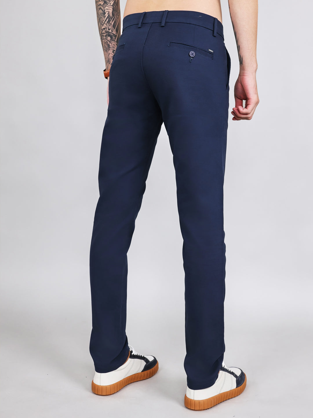 Men Navy Blue Solid Slim Fit Trouser