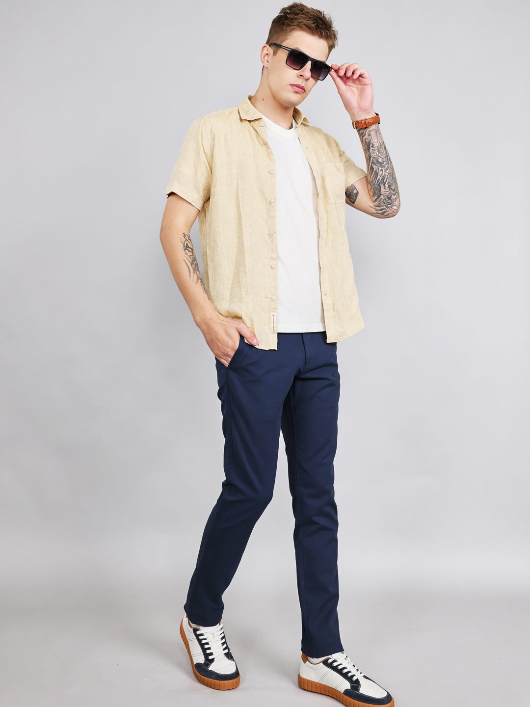 Men Navy Blue Solid Slim Fit Trouser