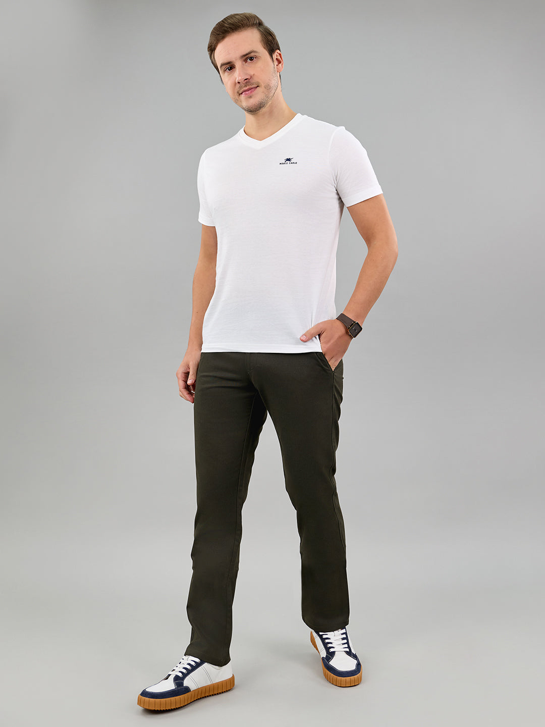 Men Dark Green Solid Regular Fit Trouser