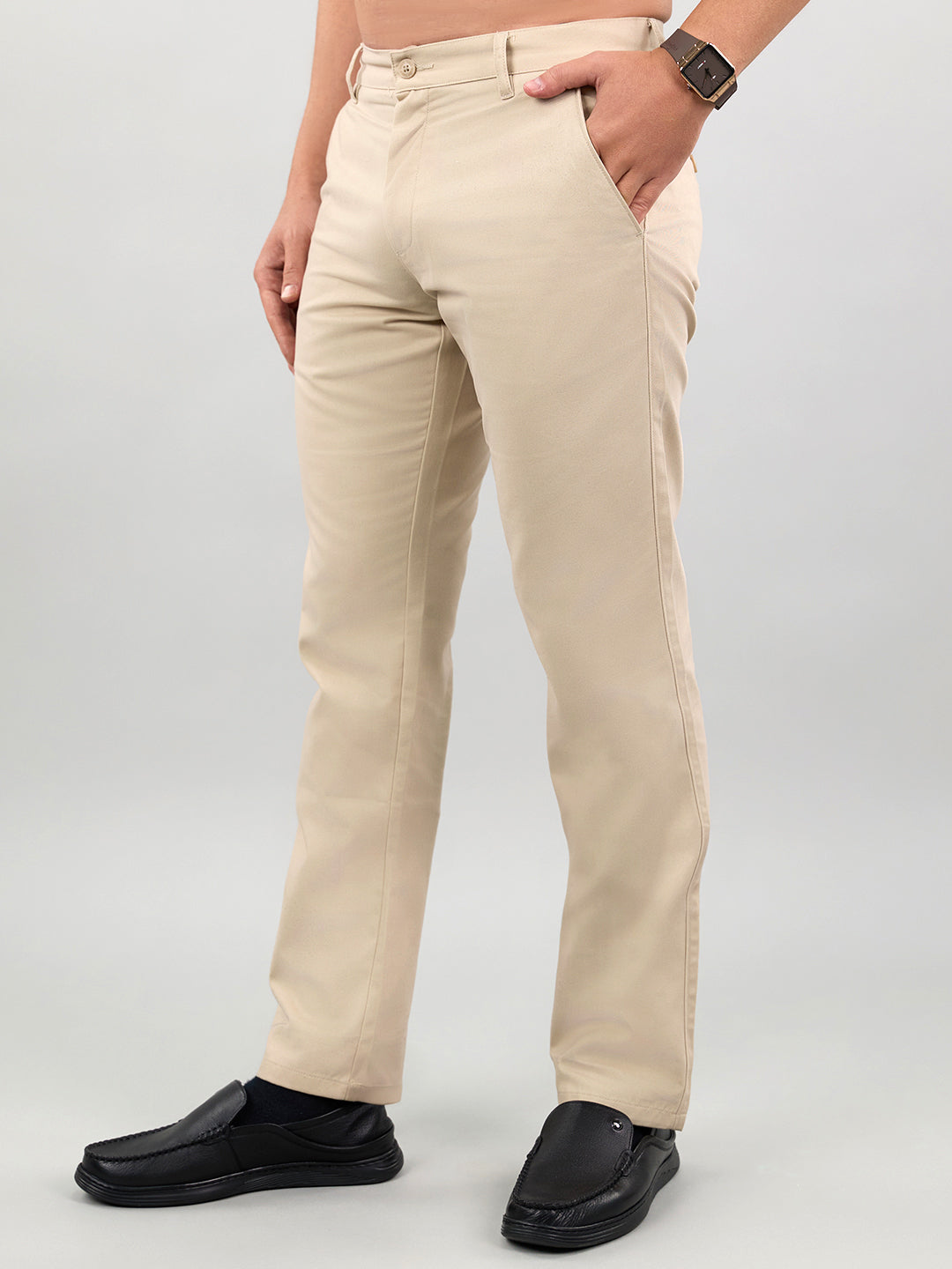 Men Beige Solid Regular Fit Trouser