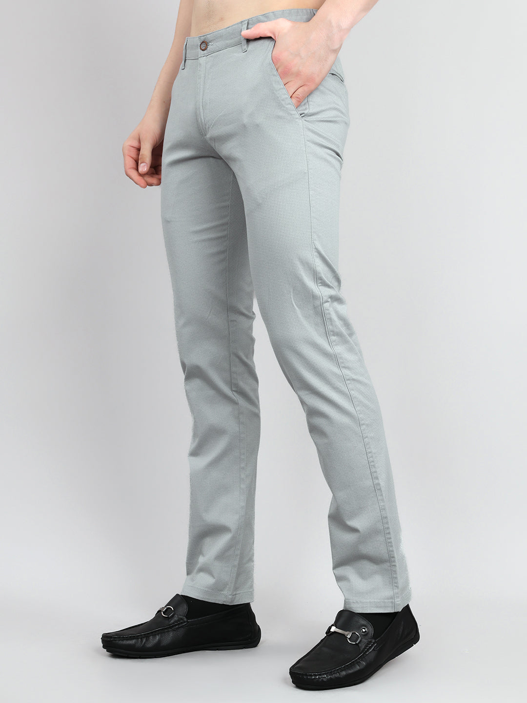 Men Light Grey Check Slim Fit Trouser