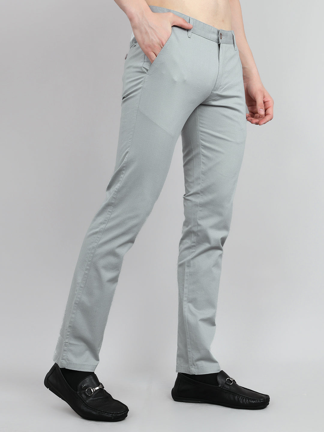 Men Light Grey Check Slim Fit Trouser