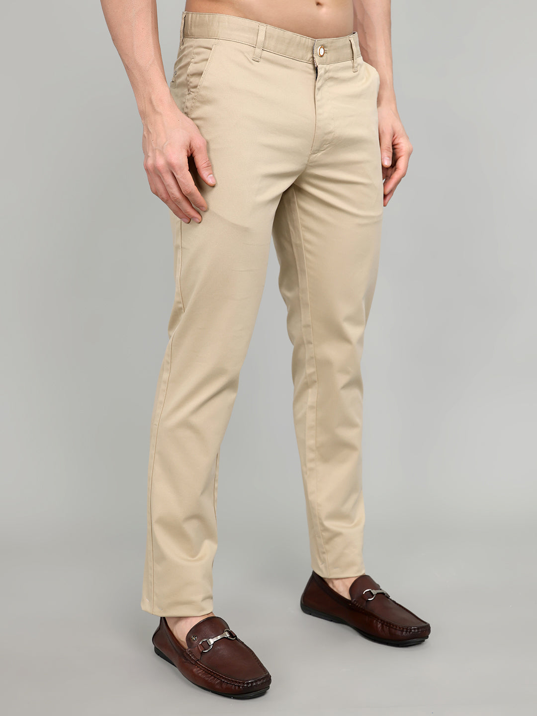 Men Beige Solid Slim Fit Trouser