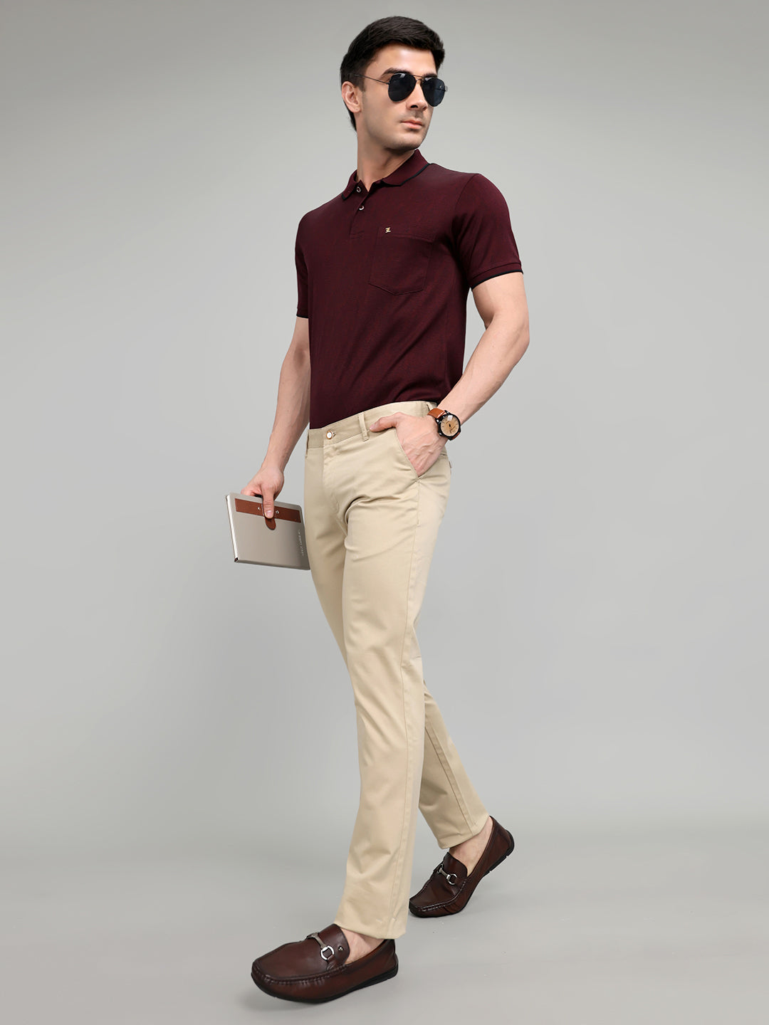 Men Beige Solid Slim Fit Trouser