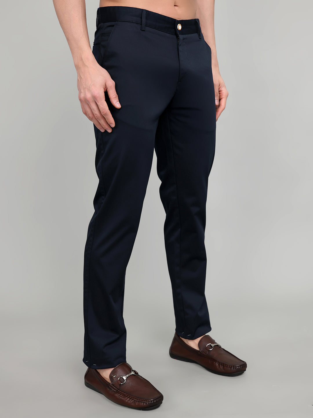 Men Navy Blue Solid Slim Fit Trouser