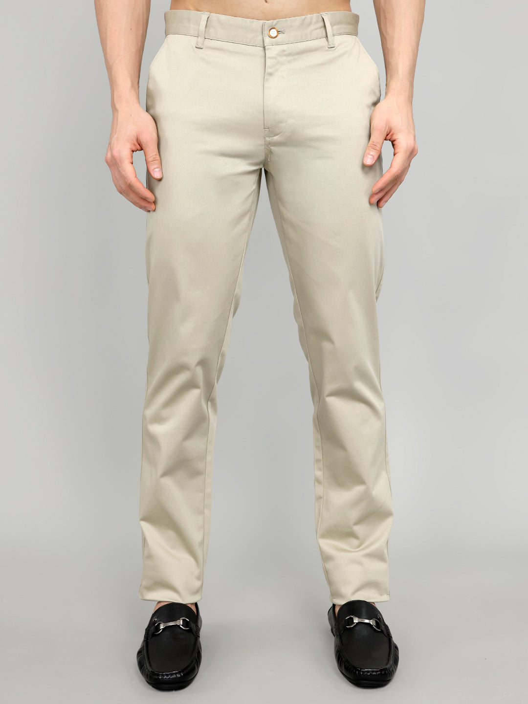 Men Beige Solid Slim Fit Trouser
