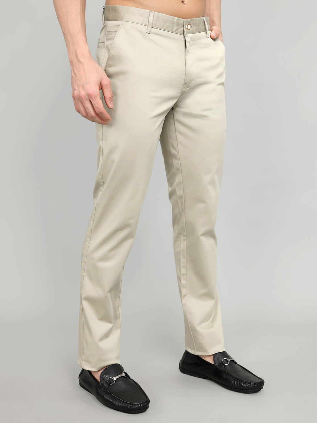 Men Beige Solid Slim Fit Trouser