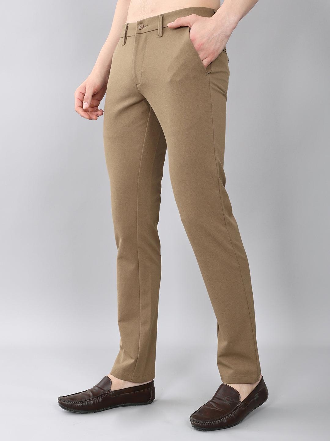 Men Khaki Solid Slim Fit Trouser