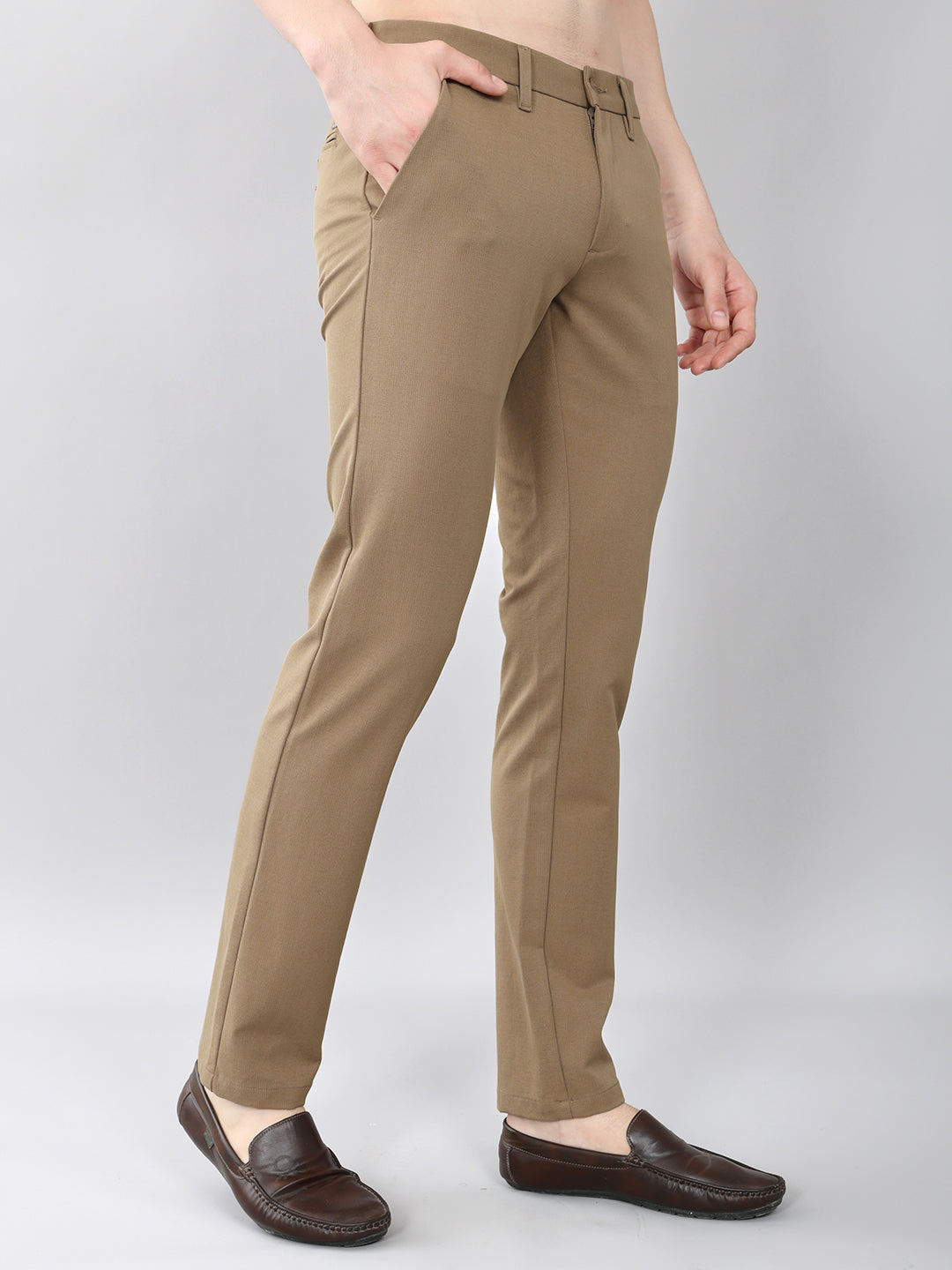 Men Khaki Solid Slim Fit Trouser
