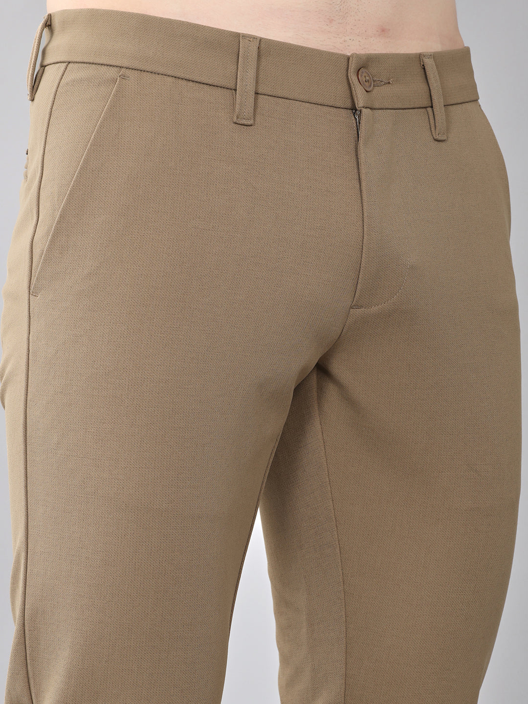 Men Khaki Solid Slim Fit Trouser