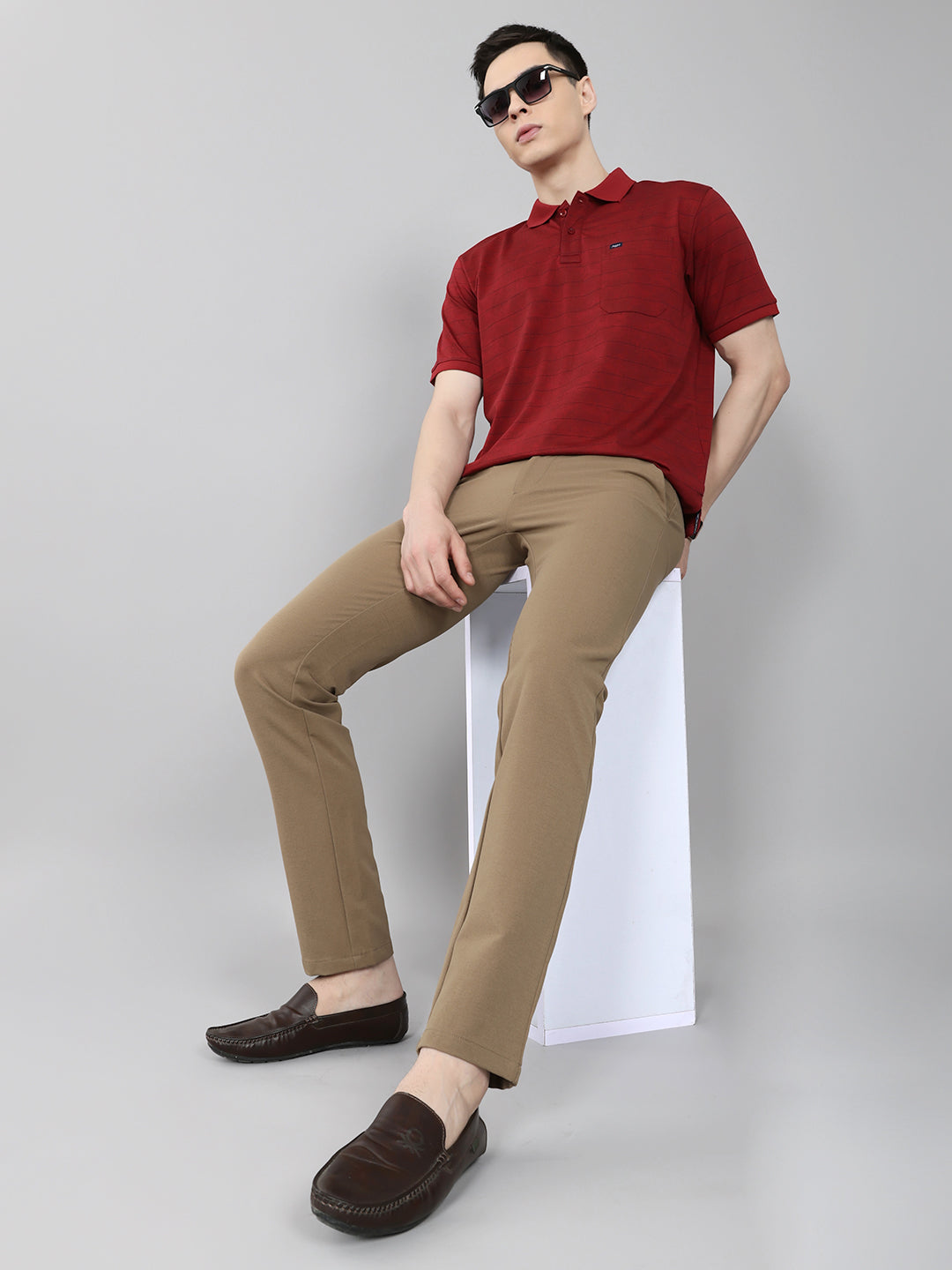 Men Khaki Solid Slim Fit Trouser