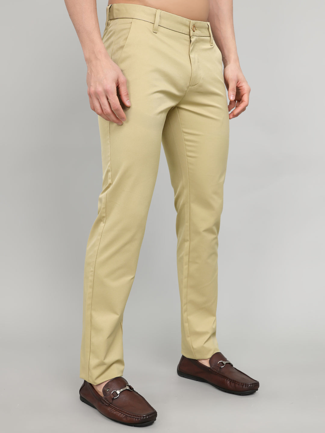 Men Khaki Solid Slim Fit Trouser