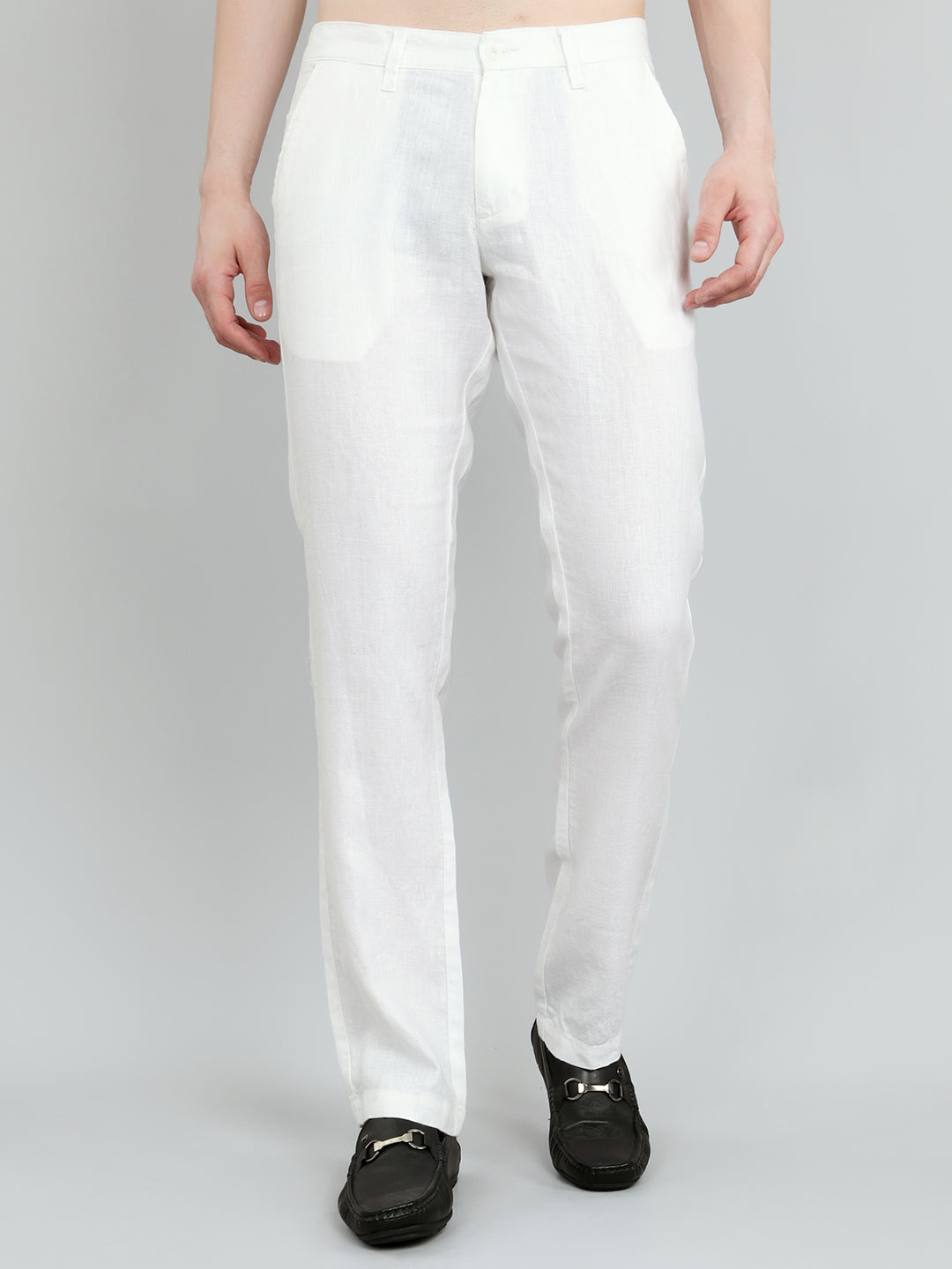 Men White Solid Regular Fit Trouser