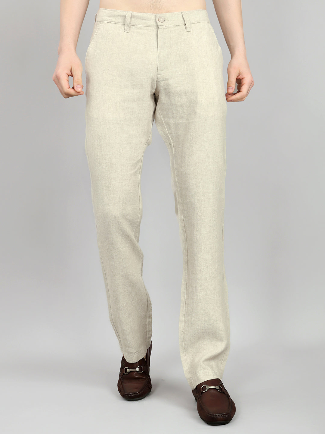 Men Beige Solid Regular Fit Trouser
