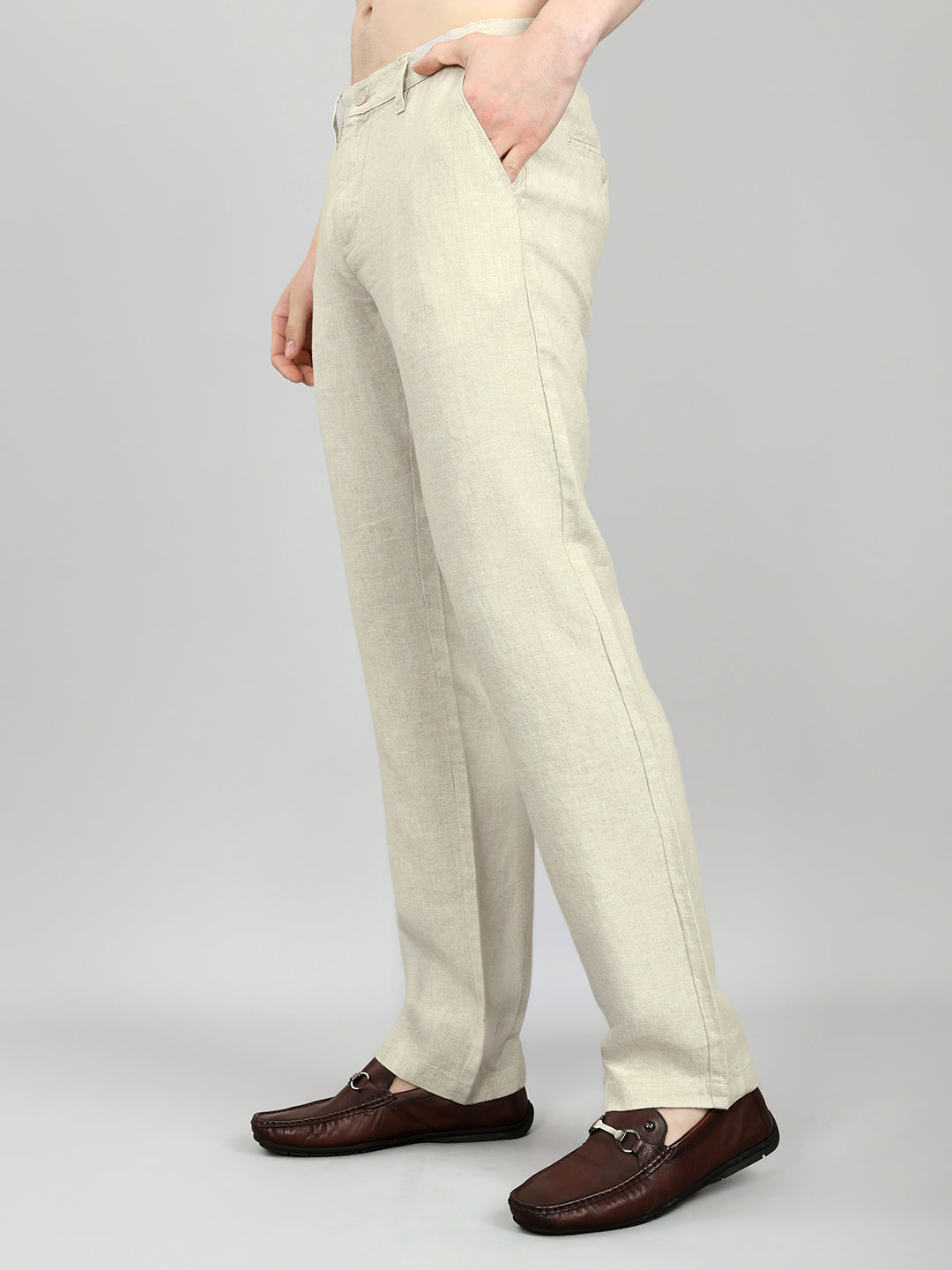 Men Beige Solid Regular Fit Trouser