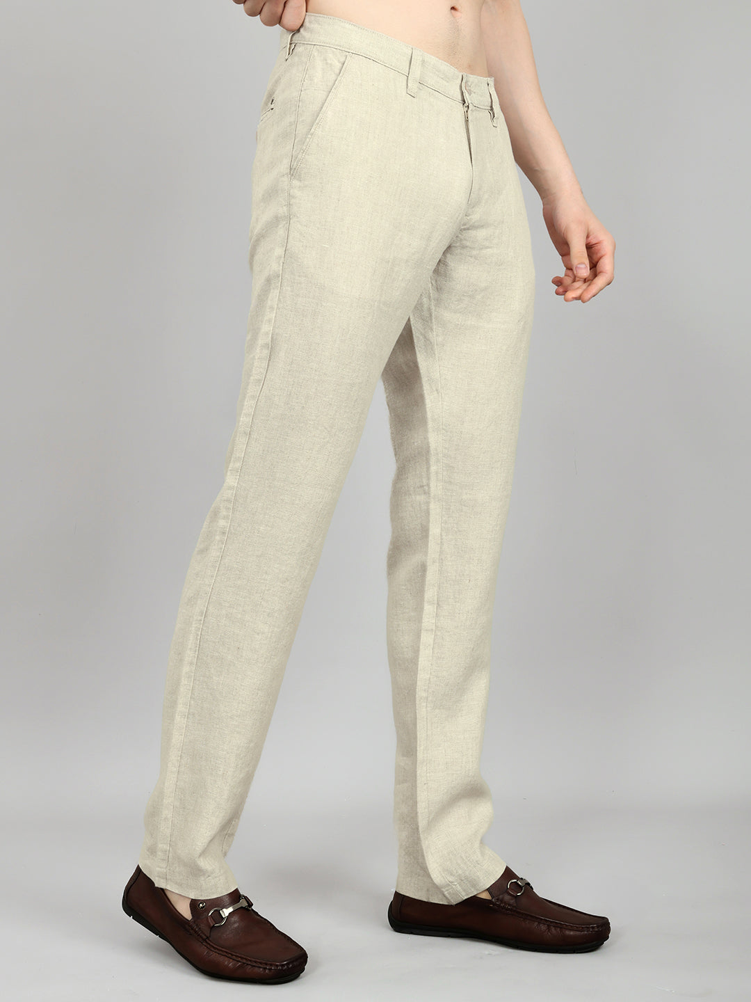 Men Beige Solid Regular Fit Trouser