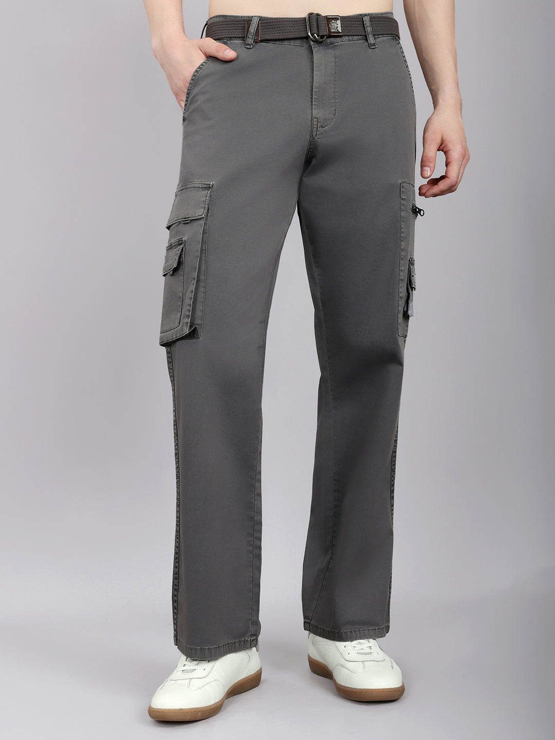 Men Grey Solid Regular Fit Cargo