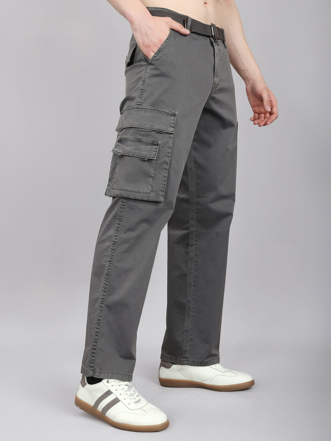Men Grey Solid Regular Fit Cargo