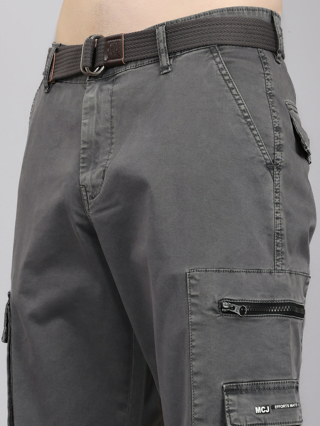 Men Grey Solid Regular Fit Cargo