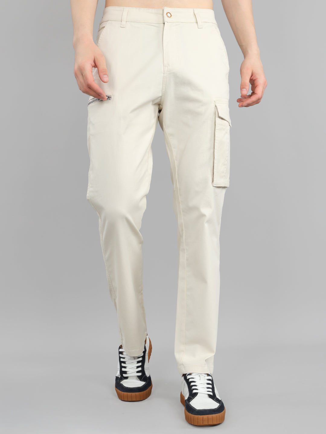 Men Beige Solid Regular Fit Cargo