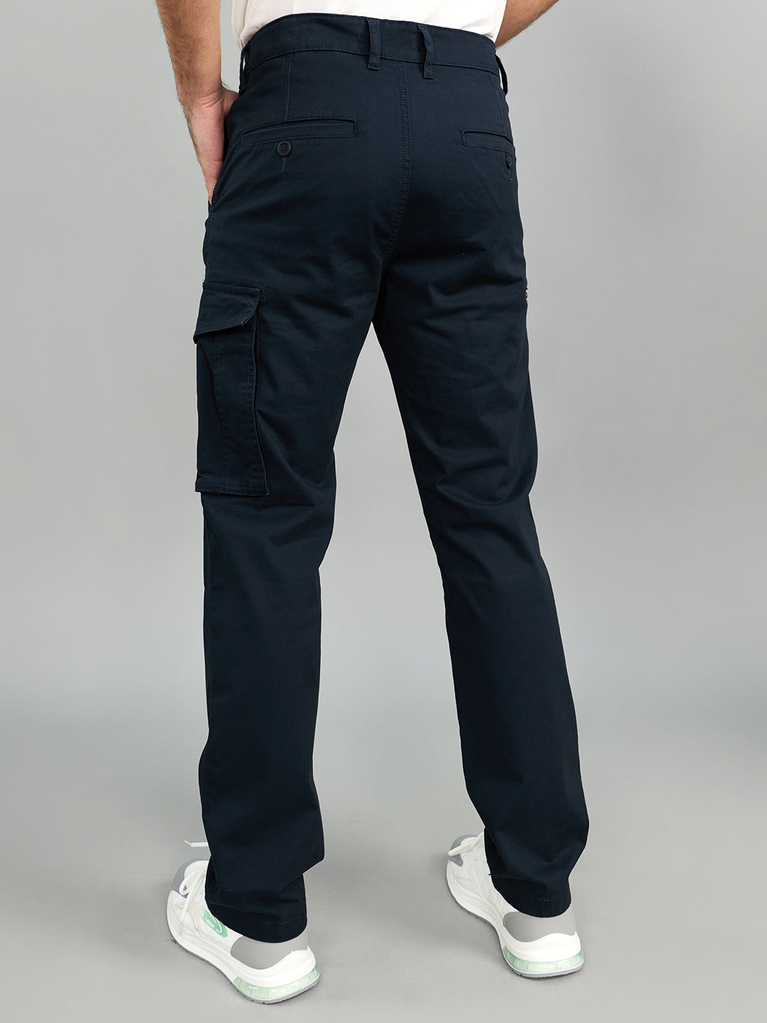 Men Navy Blue Solid Regular Fit Cargo