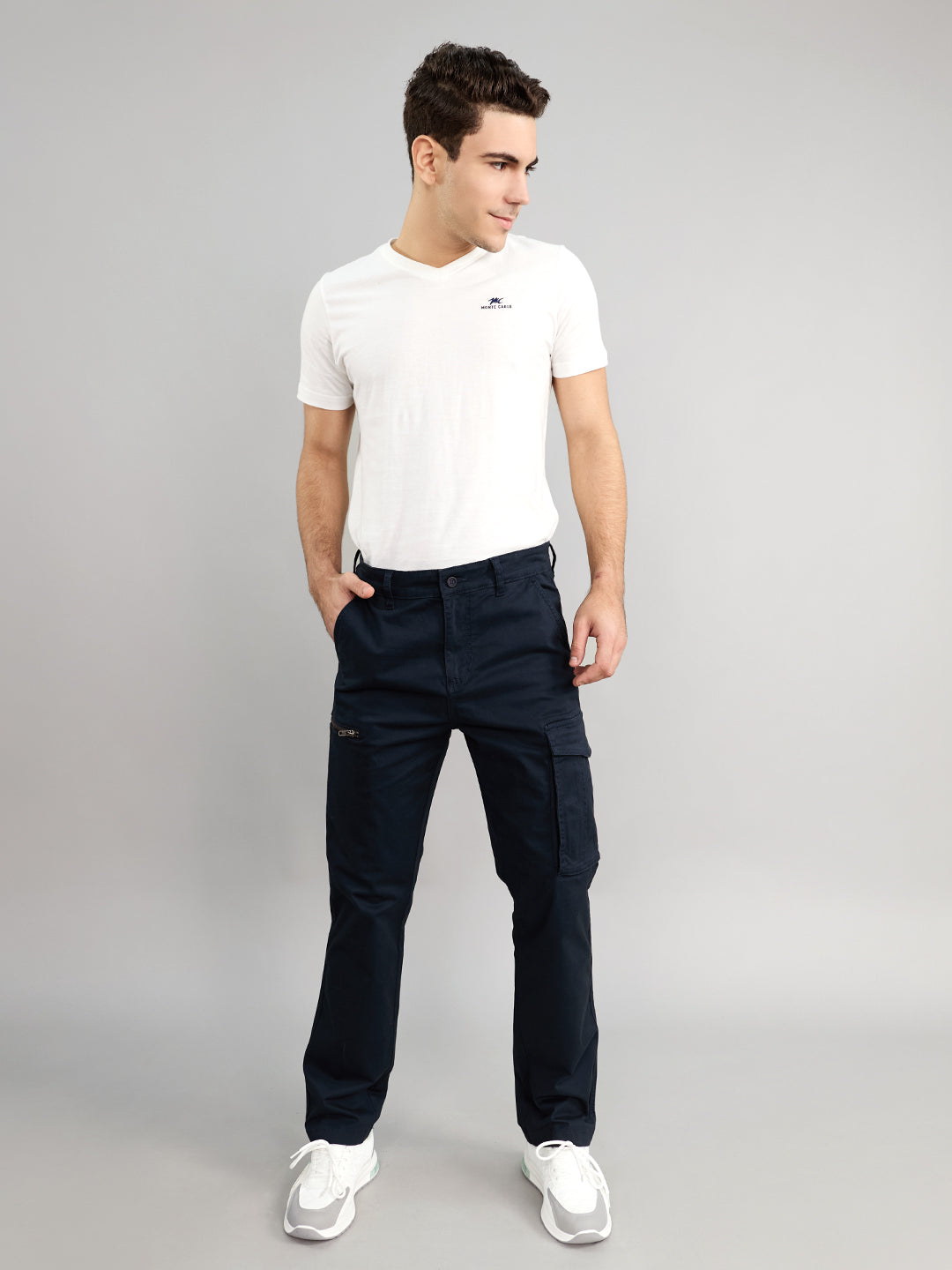 Men Navy Blue Solid Regular Fit Cargo