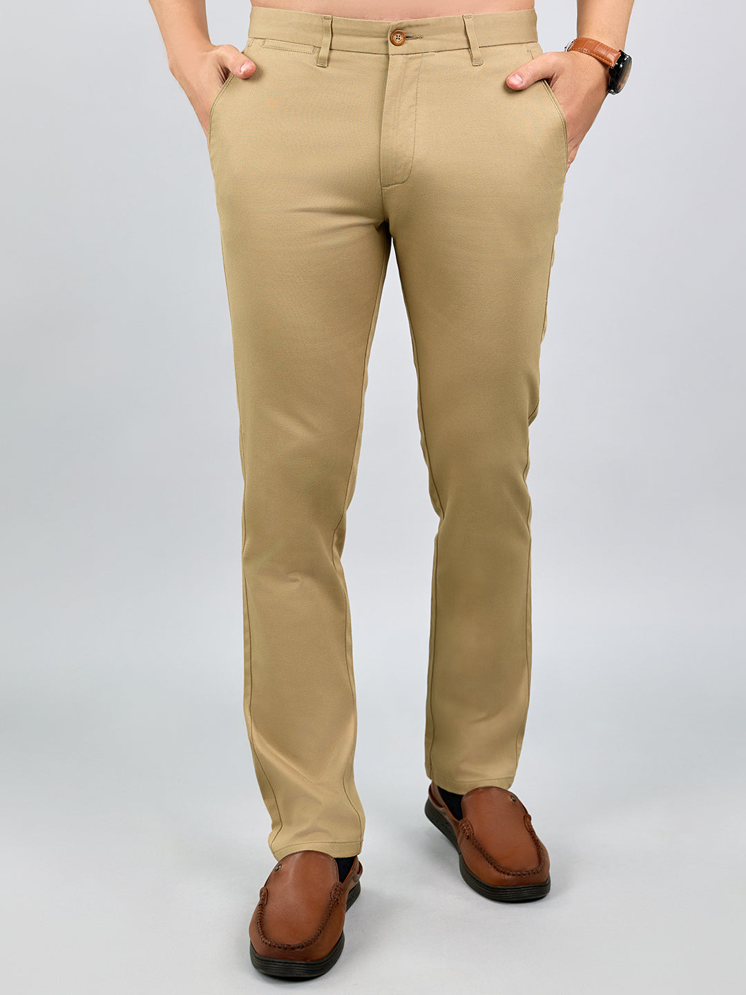 Men Khaki Solid Regular Fit Trouser with Front Coin Pocket
