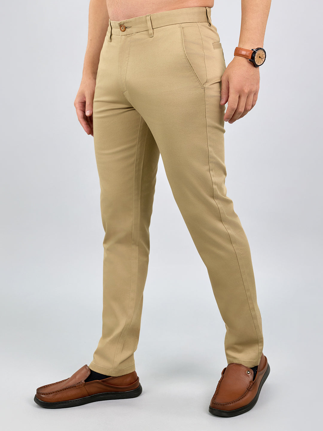 Men Khaki Solid Regular Fit Trouser with Front Coin Pocket