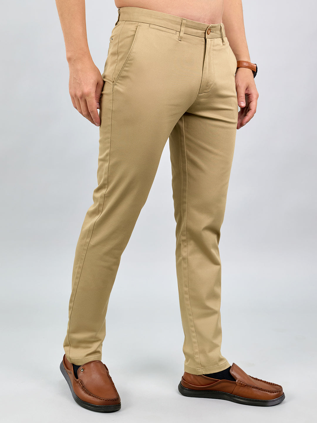 Men Khaki Solid Regular Fit Trouser with Front Coin Pocket