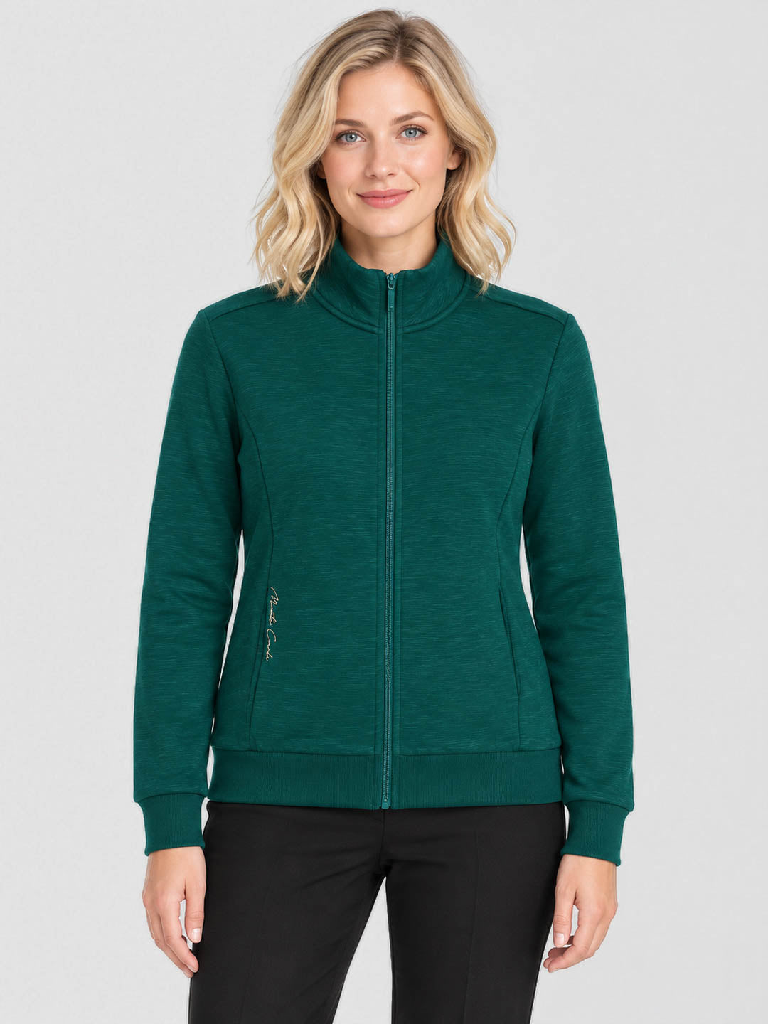 Women Green Solid Stand Collar Full Sleeve Sweatshirt