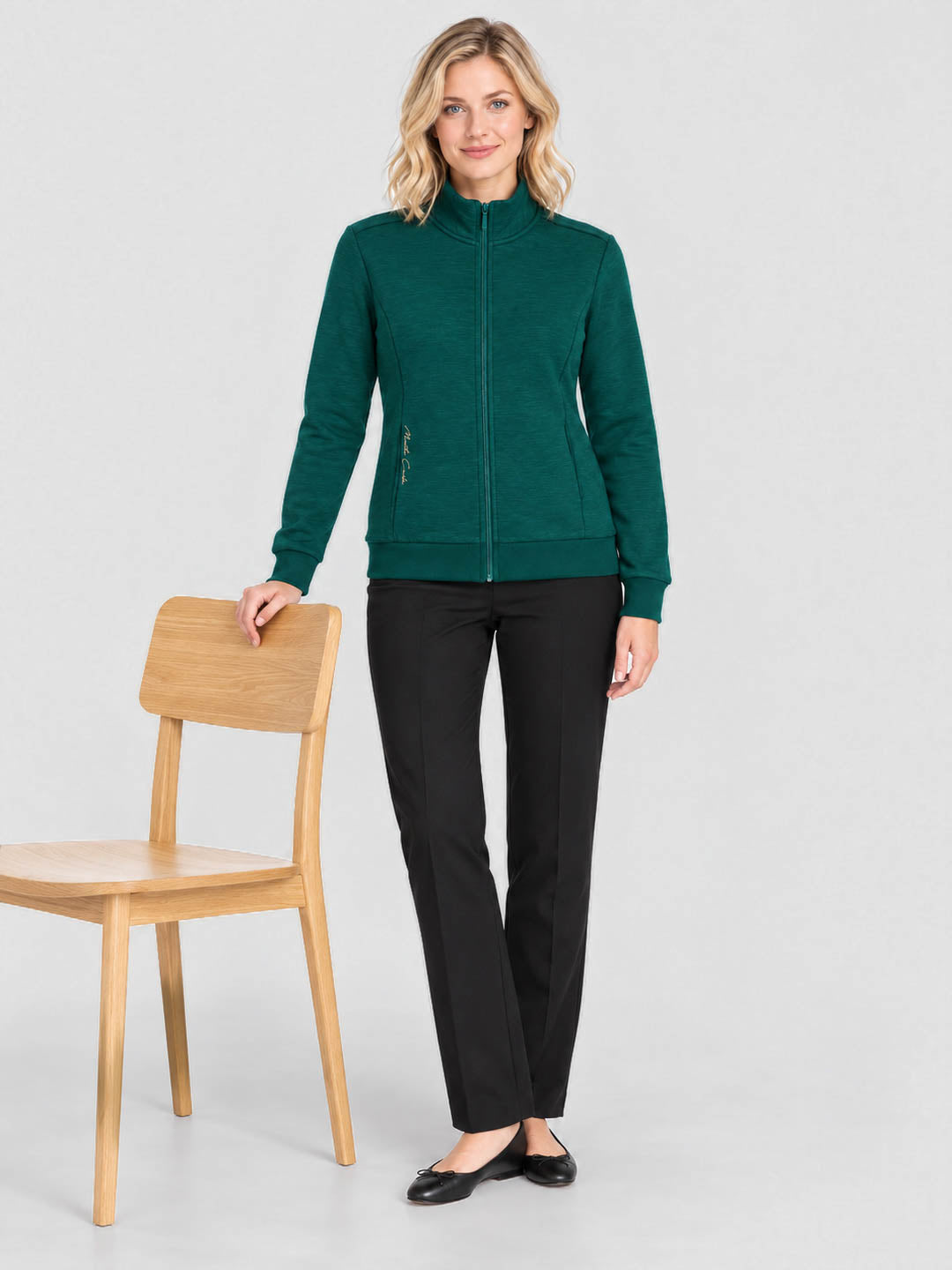 Women Green Solid Stand Collar Full Sleeve Sweatshirt