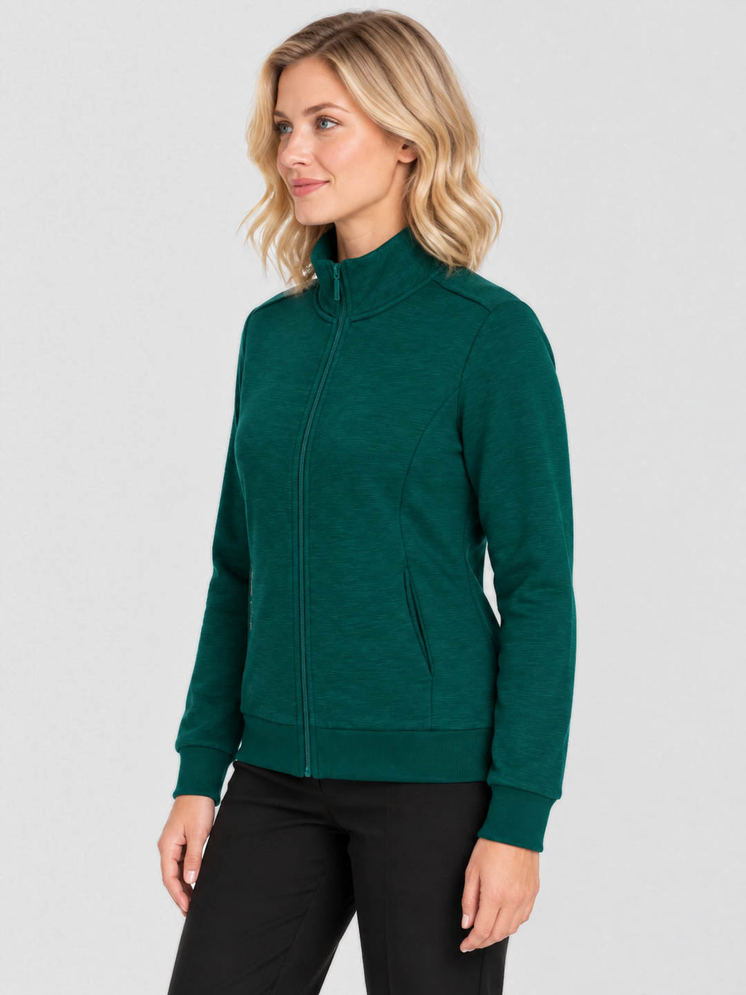Women Green Solid Stand Collar Full Sleeve Sweatshirt