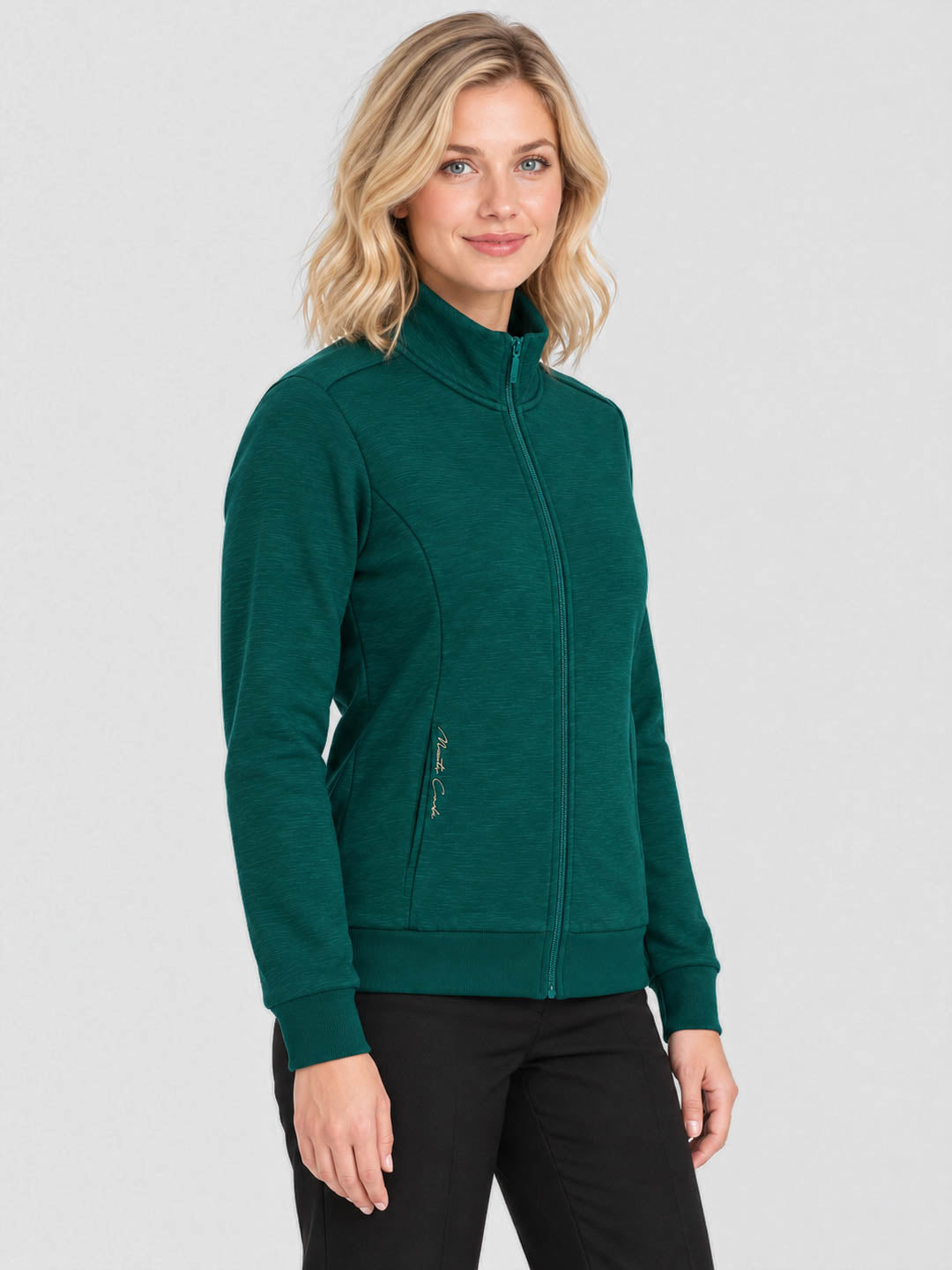 Women Green Solid Stand Collar Full Sleeve Sweatshirt