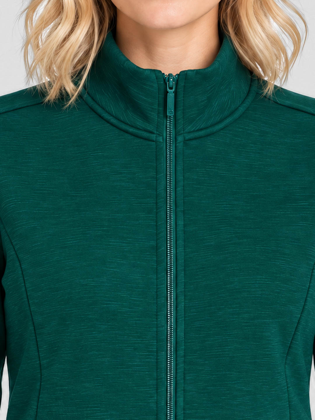 Women Green Solid Stand Collar Full Sleeve Sweatshirt