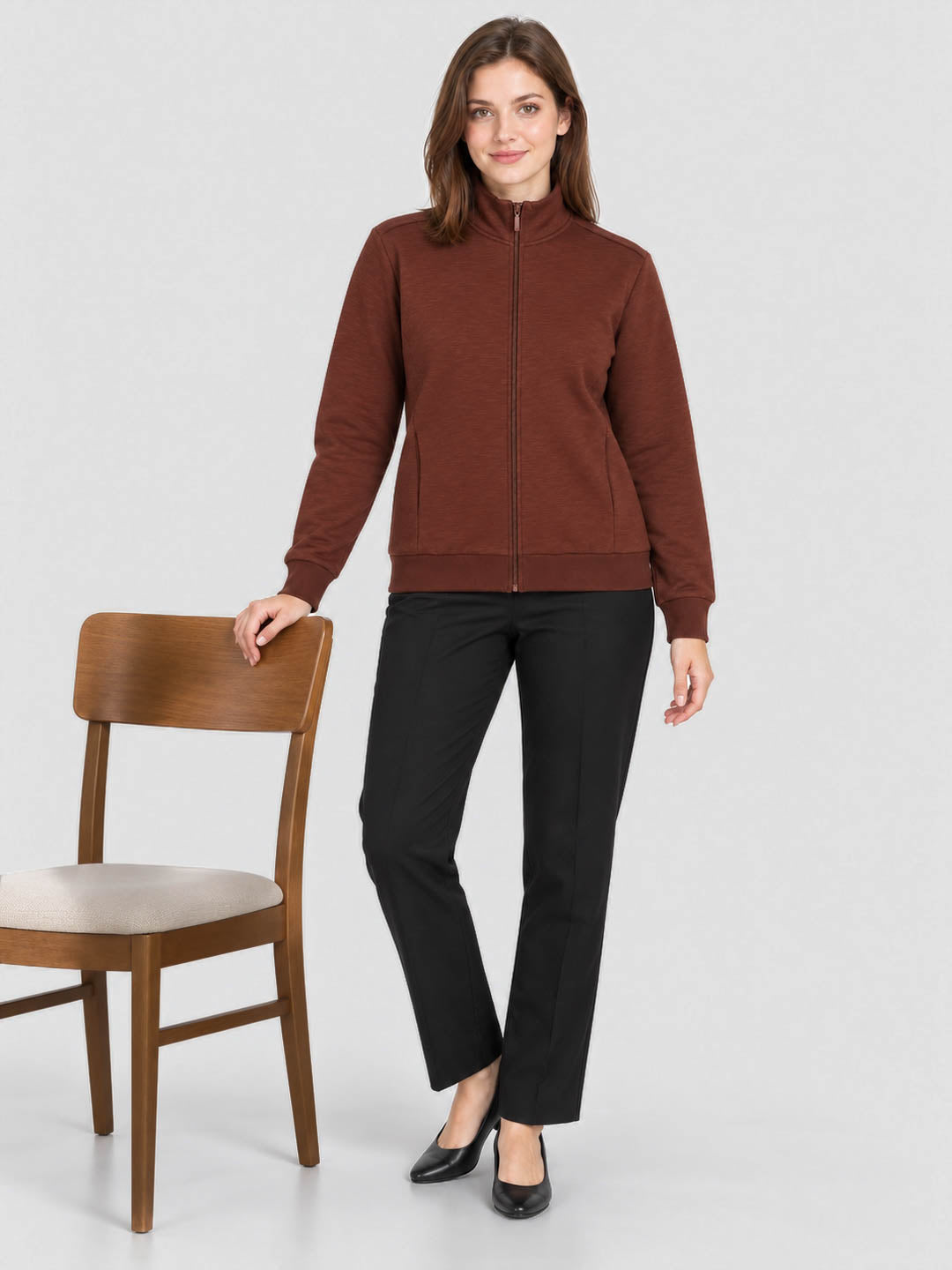 Women Rust Solid Stand Collar Full Sleeve Sweatshirt