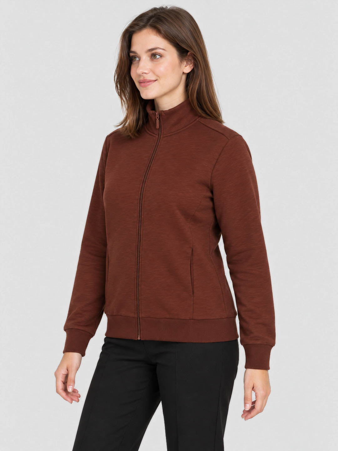 Women Rust Solid Stand Collar Full Sleeve Sweatshirt