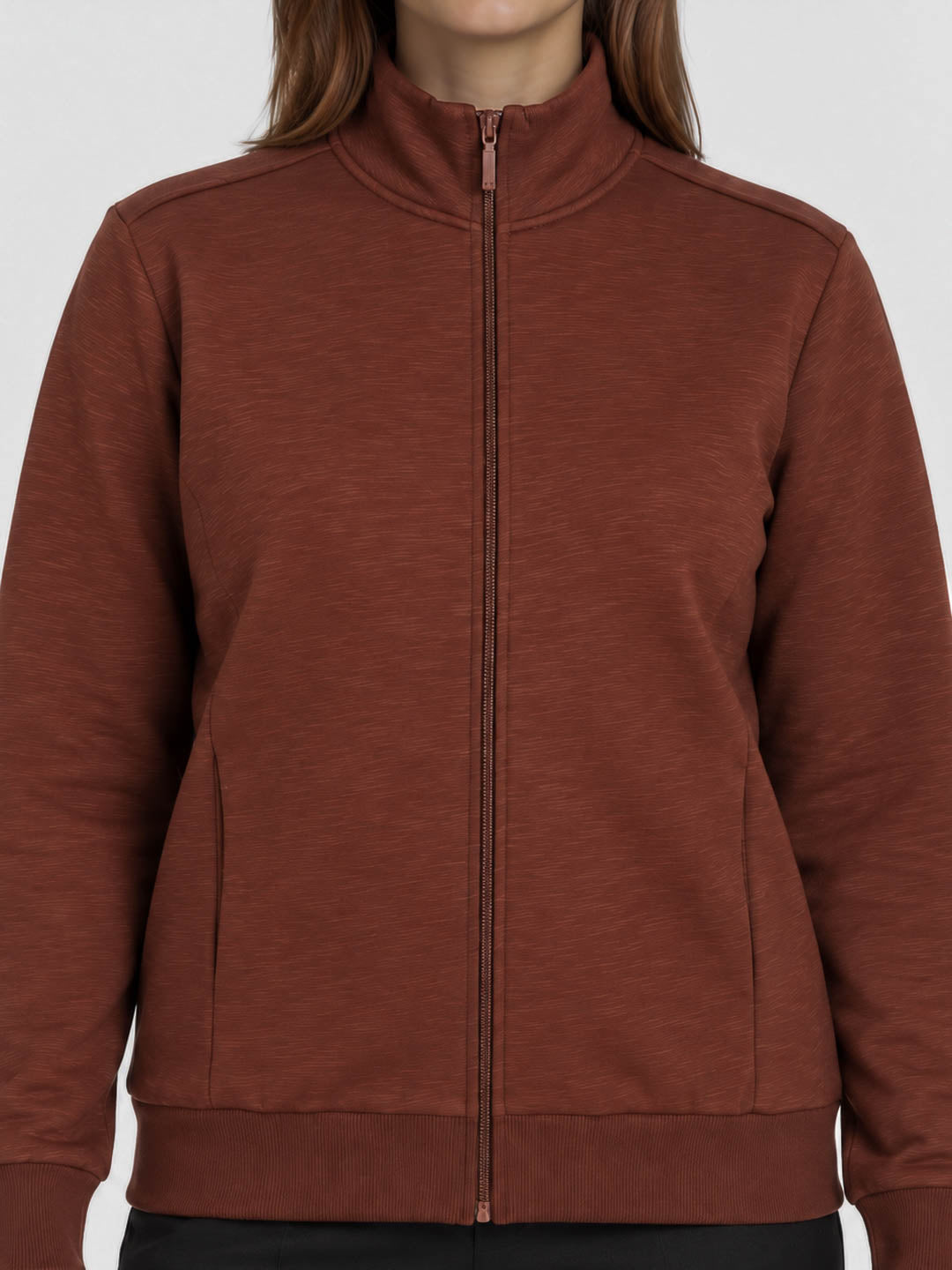 Women Rust Solid Stand Collar Full Sleeve Sweatshirt