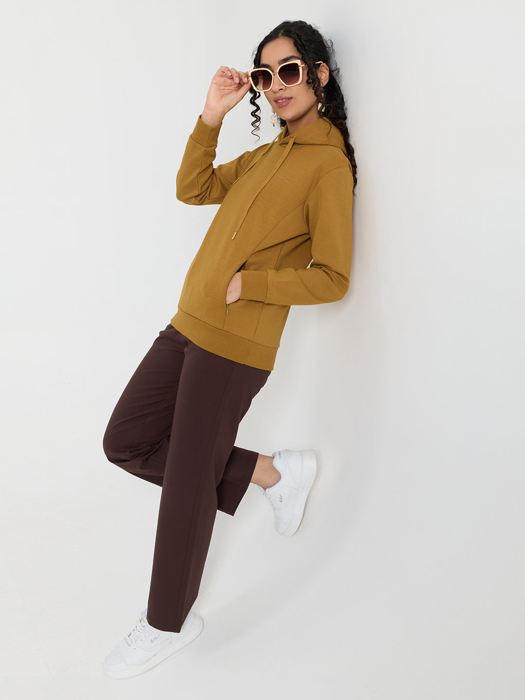 Women Mustard Solid Hooded Full Sleeve Sweatshirt
